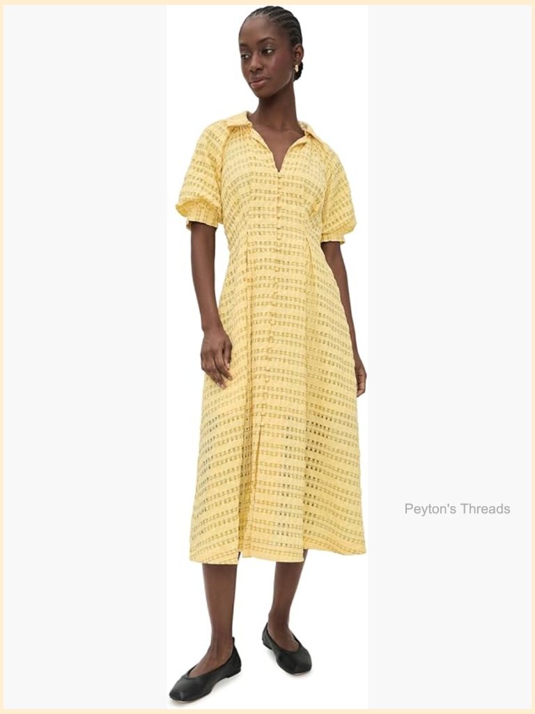 Women's Seersucker Check Midi Dress With Puff Sleeves And Pleated Back